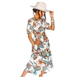 ELLISON Womens Boho Vacation Resort White Floral Tropical Belted Midi Dress Sz S